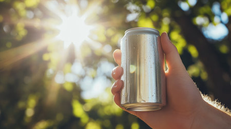 A hand holding an aluminum soda can against a sunny outdoor backdrop.の素材
