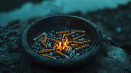 A full ashtray outdoors at night, cigarette butts glowing faintly under dim lightingの素材