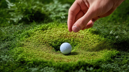 A golfer's hand reaching for a golf ball beside the hole on a well-maintained greenの素材