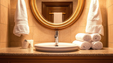 A frameless oval mirror above a sink, capturing a reflection of neatly rolled towels on a shelfの素材