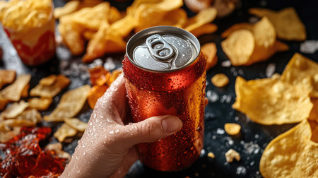 A hand gripping a soda can with condensation, placed on a table surrounded by chips and snacks.の素材