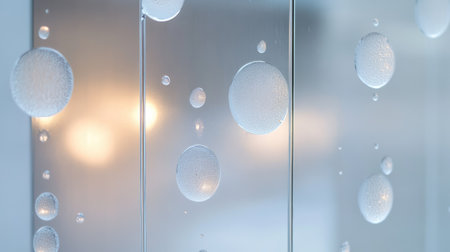 A fogged-up glass door with large and small water drops catching light reflections.の素材