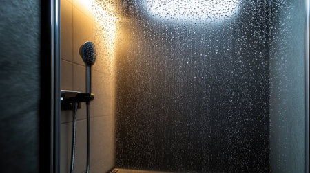 A fogged-up glass shower door with visible water drops, adding a dreamy effect.の素材