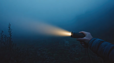 A hand holding a flashlight casting a wide beam across a foggy night landscape.の素材