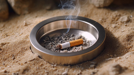Close-up of a cigarette butt in a stainless steel outdoor ashtray, surrounded by sand and gravelの素材
