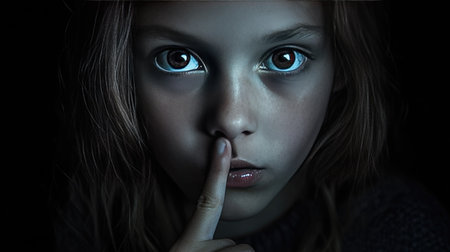 Close-up of a girl gesturing for silence, with dramatic lighting and a black backgroundの素材