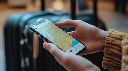 Close-up of a hand navigating a travel app on a smartphone, with a suitcase in the background.の素材