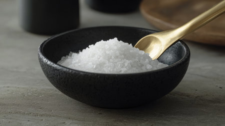 Close-up of flaky sea salt in a black ceramic bowl with a brass scoop resting inside.の素材