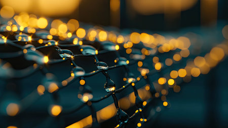 Close-up of a metallic grid fence, dew droplets clinging to the wires in early morning lightの素材