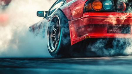 Close-up of tire treads on a drift car as it generates smoke during a high-speed driftの素材