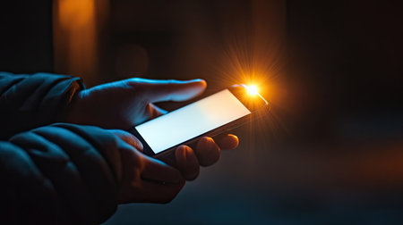 Close-up of a hand using a smartphone flashlight, lighting up the surroundings.の素材