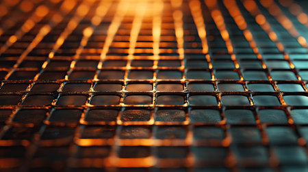 Close-up of a copper-colored metallic grid, textured and warm under soft lightingの素材