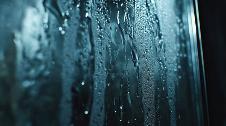 Close-up of shimmering water droplets on a clear glass shower door.の素材