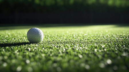Dramatic close-up of a golf ball poised for a hole-in-one on a neatly clipped putting greenの素材
