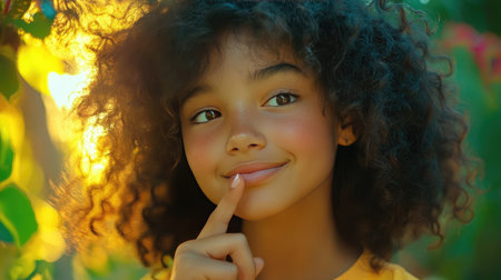 Close-up of a girl with curly hair, smiling slightly, finger on lips, in a colorful park settingの素材