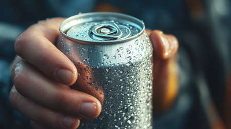 Close-up of a male hand gripping a chilled aluminum can with droplets of condensation on the surface.の素材