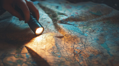 Close-up of a hand shining a flashlight onto a detailed map spread on the ground.の素材