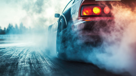 Close-up of a drift car's rear spoiler, tires emitting smoke as the car drifts at high speedの素材