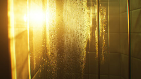Condensation and water droplets on a glass shower door, with light shining through from the bathroom.の素材