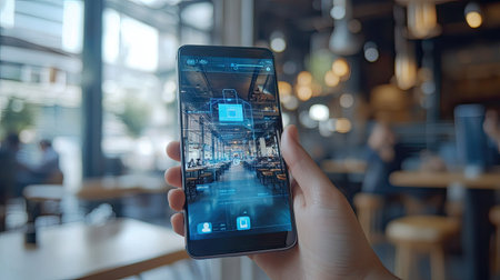 Close-up of a hand holding a smartphone while scrolling through a social media feed in a cafe.の素材