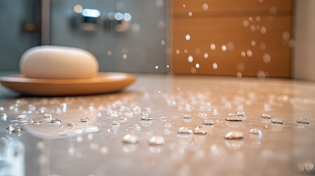 Rain-like droplets scattered across a glass shower door, with a soap dish in the background.の素材