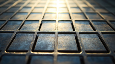 Close-up of a metallic grid with sharp edges, reflecting sunlight and casting shadows on a concrete surfaceの素材
