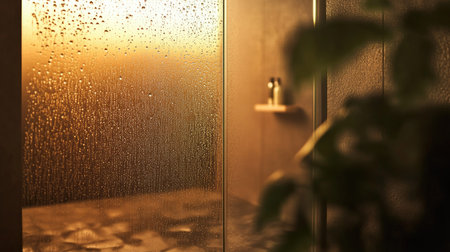 Fogged glass shower door with water drops, illuminated by warm, ambient lighting.の素材