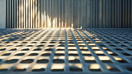 Close-up of a metallic grid with sharp edges, reflecting sunlight and casting shadows on a concrete surfaceの素材