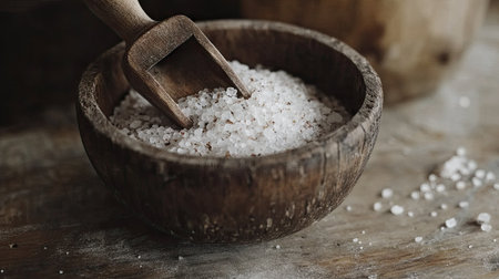 Close-up of smoked sea salt in a rustic wooden bowl with a weathered scoop.の素材