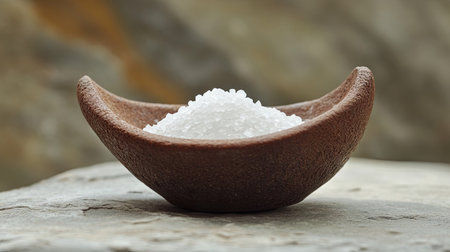 Coarse sea salt in a small clay bowl, with a scoop resting against the edge, on a natural stone background.の素材