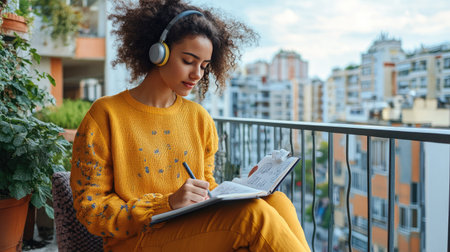 Woman enjoying music with wireless headphones while sketching in a notebook on her balconyの素材