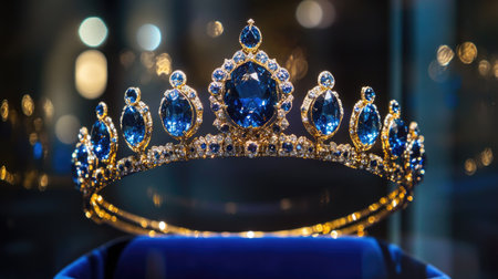 A magnificent crown with deep royal-blue jewels, displayed in a glass case with a velvet-lined interior.の素材