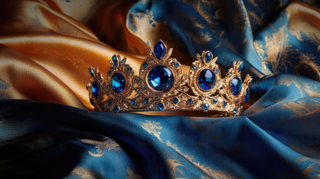 A majestic crown featuring large blue jewels, resting on a silk fabric with rich, vibrant colors.の素材