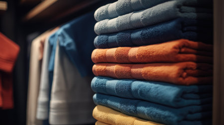 Color-coordinated towels folded into rectangles, stacked in a modern linen closet.の素材