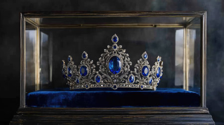 A magnificent crown with deep royal-blue jewels, displayed in a glass case with a velvet-lined interior.の素材