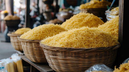 A market scene showcasing yellow dry noodles in bulk, stored in wicker baskets under natural light.の素材