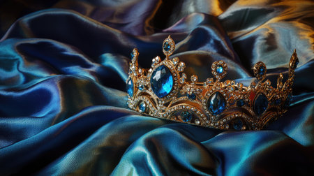 A majestic crown featuring large blue jewels, resting on a silk fabric with rich, vibrant colors.の素材