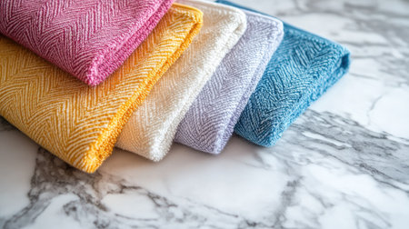 Close-up of colorful towels folded into perfect squares on a marble countertop.の素材
