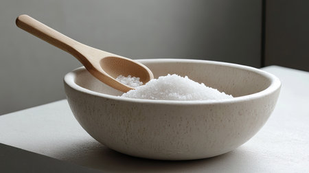 Minimalist setting of a white ceramic bowl with sea salt and a small wooden scoop.の素材