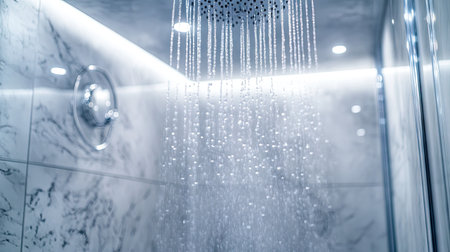 Droplets of water on a clear shower door with streaks running down the glass.の素材