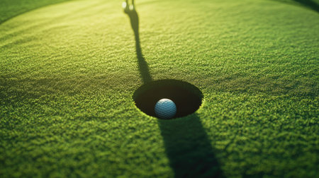 A golfer's shadow falling over a golf ball next to the hole on a bright sunny dayの素材