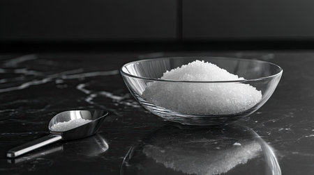 Sea salt in a modern glass bowl on a black marble surface, a sleek scoop placed nearby.の素材