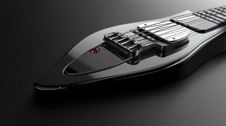A custom-designed pick resting on the fingerboard of a sleek, black electric guitar.の素材