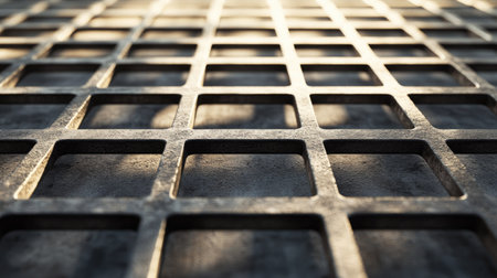 Close-up of a metallic grid with sharp edges, reflecting sunlight and casting shadows on a concrete surfaceの素材