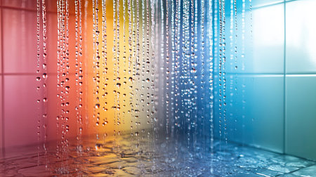Water drops on a clear shower door, reflecting rainbow-like hues under natural light.の素材