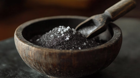 Close-up of smoked sea salt in a rustic wooden bowl with a weathered scoop.の素材
