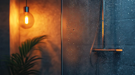 Fogged glass shower door with water drops, illuminated by warm, ambient lighting.の素材