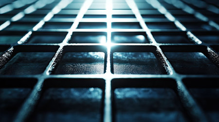 Close-up of a fine steel grid used for filtration, glistening under a bright spotlightの素材