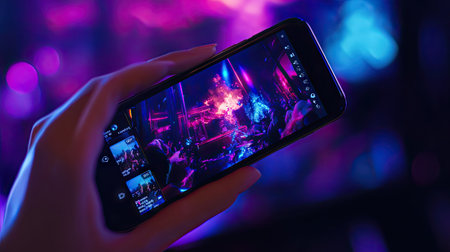 Close-up of a hand watching a livestream on a smartphone, comments scrolling on the screen.の素材