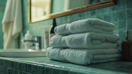 Folded towels stacked on a bathroom shelf, with toiletries and a mirror in the background.の素材
